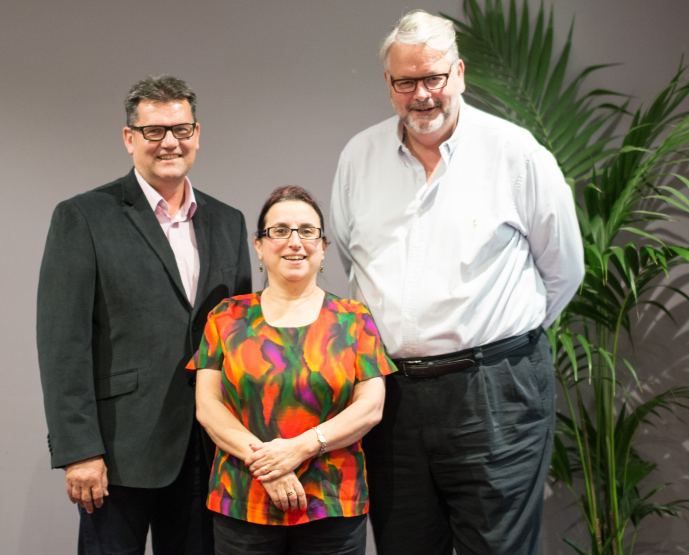 Retiring Principals Peter Wade and Mary Leask with Greg Whiyby.