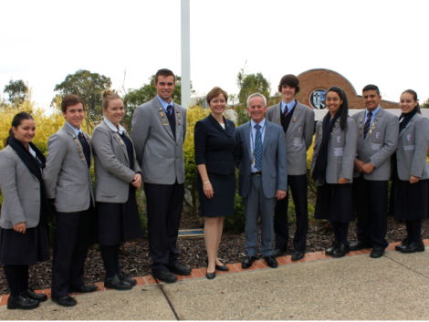Tanya Davies MP with Principal Brad Campbell and student leaders at Emmaus Catholic College