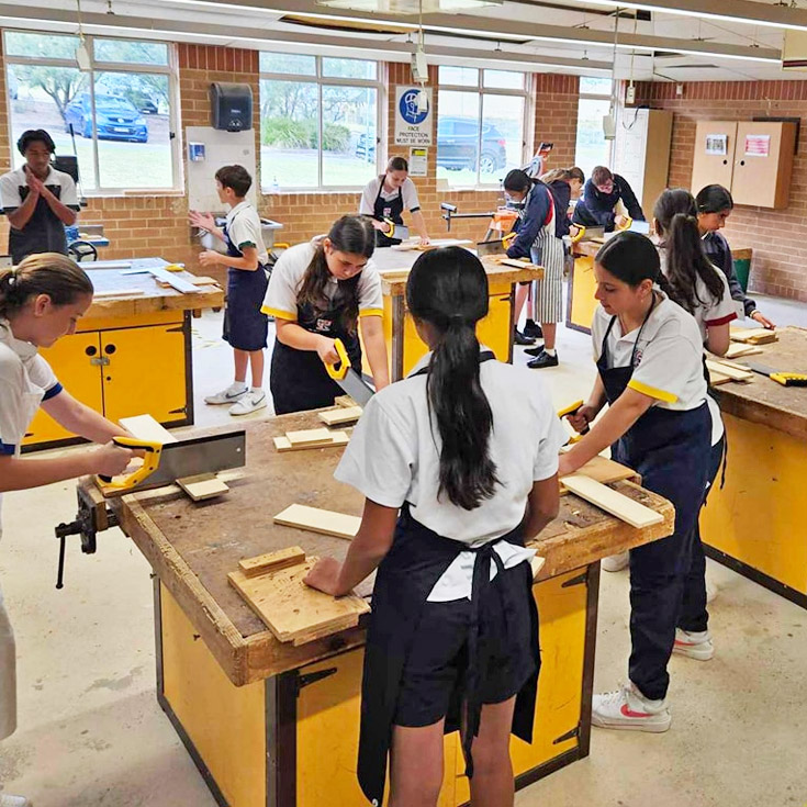 Emmaus Catholic College Kemps Creek students in woodworking room